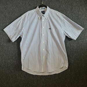 Façonnable Men's XL Short Sleeve Striped Button Down Shirt Blue White Tan Cotton